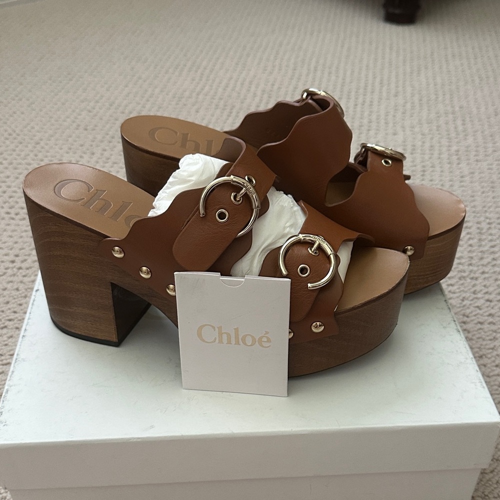 Chloe Lauren clogs ,Brown Leather Platform Sandals